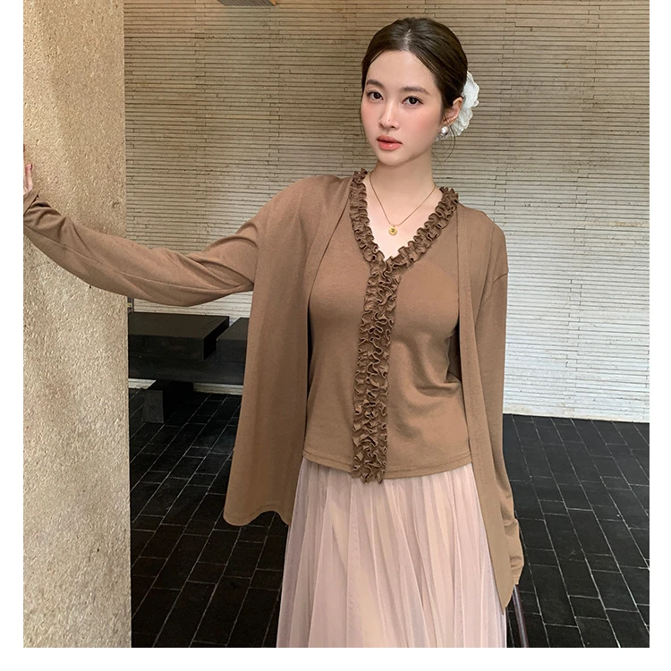 2025秋简约气质v领木耳边收腰打底+慵懒针织开衫套装