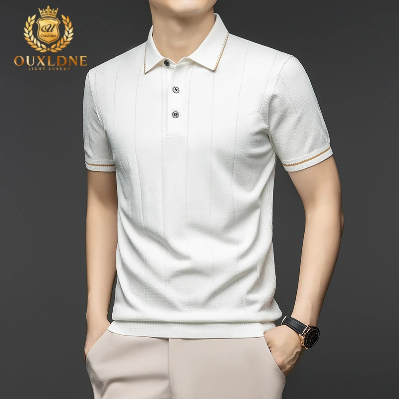 OUXLDNE条纹针织衫短袖T恤男夏季薄款休闲新款半袖时尚潮流polo衫