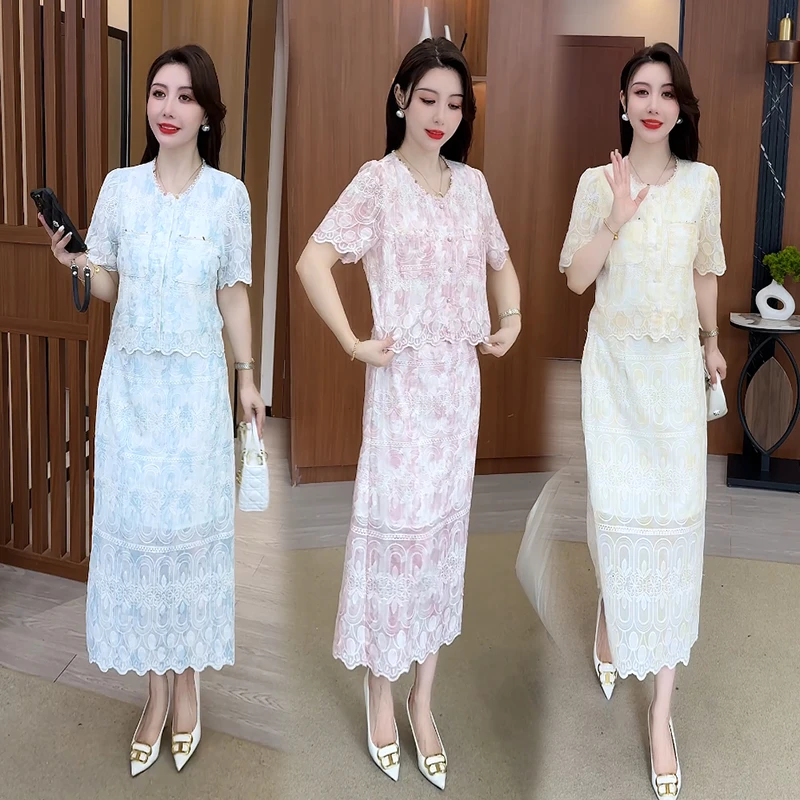 今年流行小香风蕾丝套装裙子女夏季2025新款法式短袖白色半身裙两