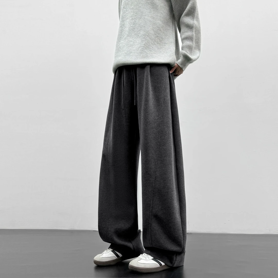 B-K-F 450克重磅加绒加厚休闲裤男女仿羊毛运动美式弯刀阔腿卫裤