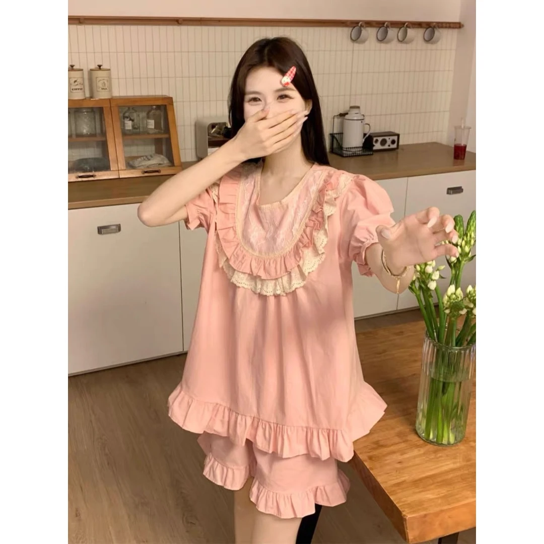 睡衣女夏韩版甜美蕾丝公主风短袖短裤家居服两件套装学生薄可外穿