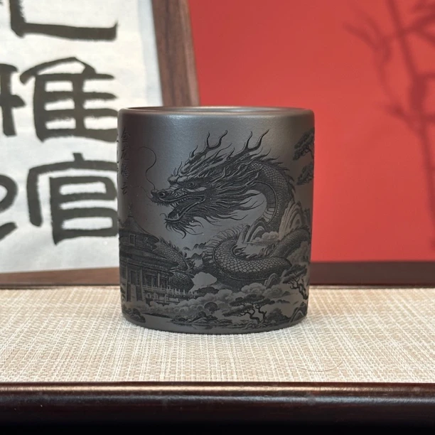 宜兴原矿紫砂石黄主人杯刻绘龙行天下大容量直筒杯高端茶器