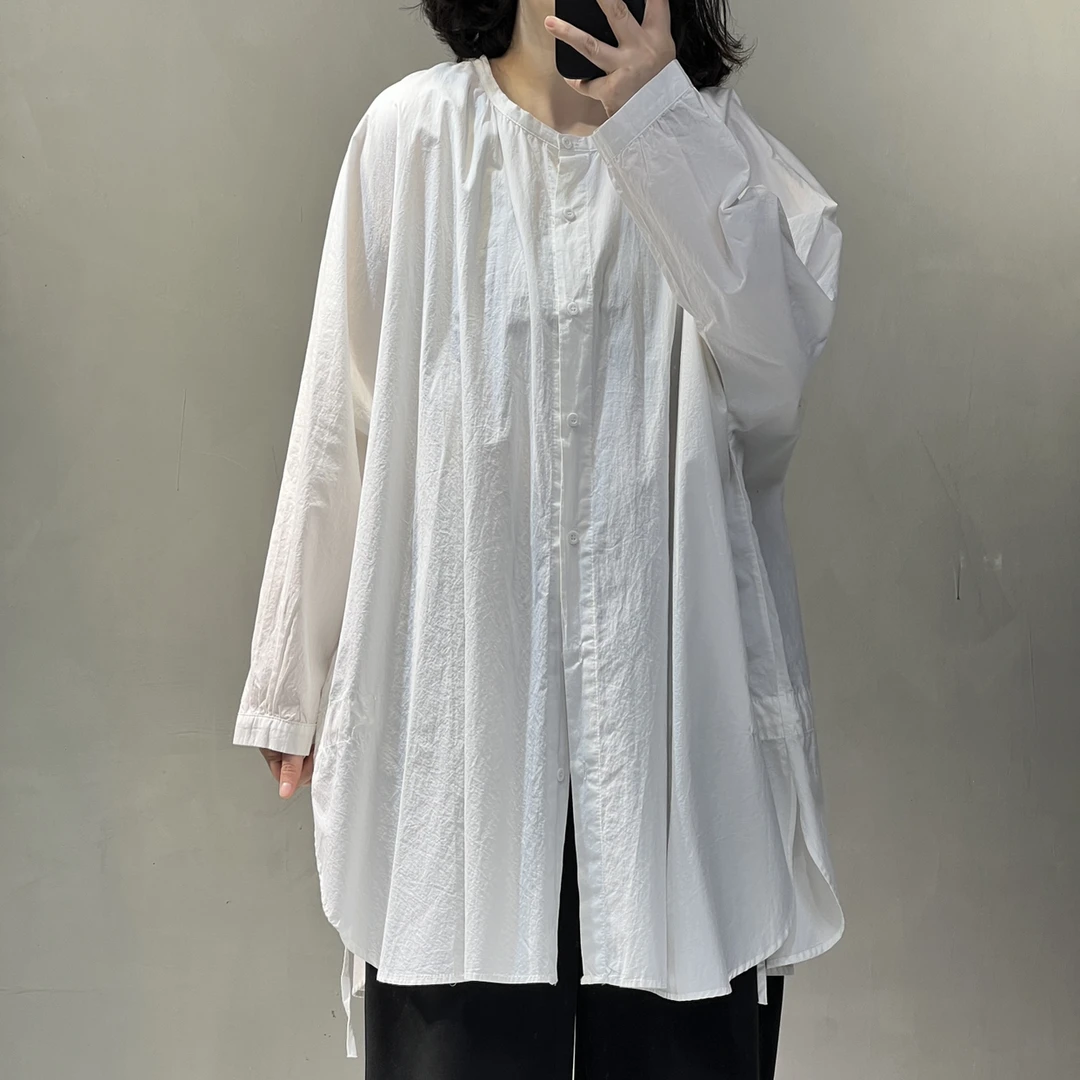 长袖圆领吸汗衬衫宽松中式纯色复古休闲款