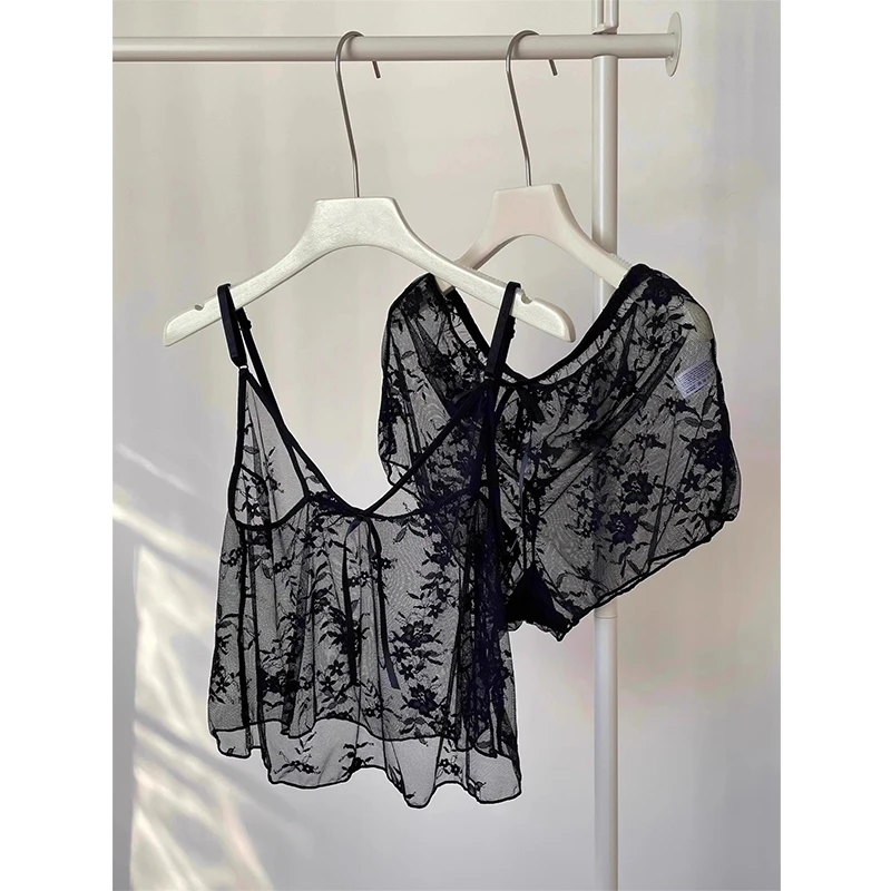 【半透明蕾丝花卉】法式性感情趣吊带睡衣女夏季新款短裤家居服套装