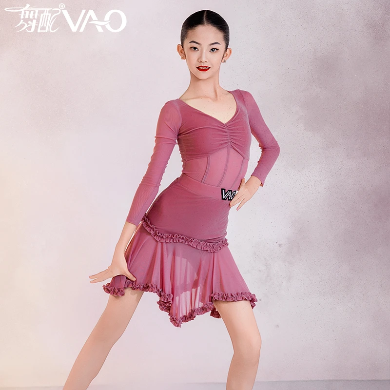 VL51382-2025新款拉丁舞服练功服女童VAO舞配舞服粉色绒套装女