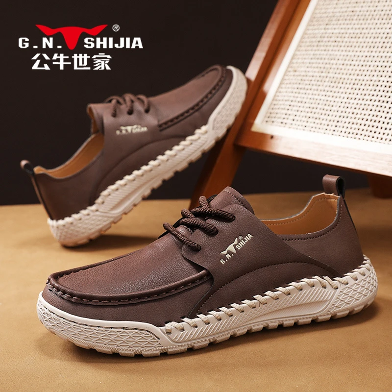 公牛世家2025新款春季休闲皮鞋男士软底舒适复古商务休闲鞋