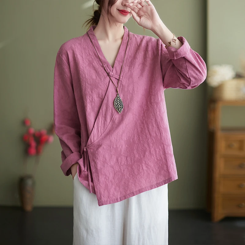 新中式文艺斜襟盘扣衬衫长袖中国风汉服上衣复古禅意茶服紫色衬衣
