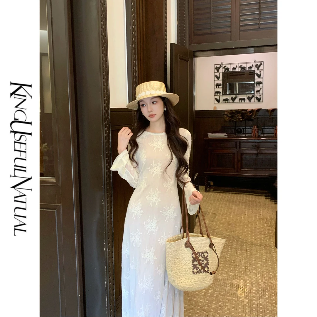 KUN【缪斯印记】气质夺人 定染网底绣花微收腰长袖换季bi穿连衣裙