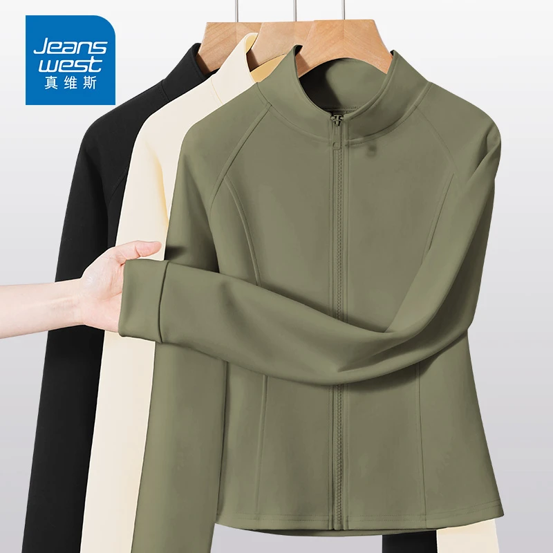真维斯橄榄绿外套女款2025新款立领拉链开衫秋天爆款修身显瘦长袖
