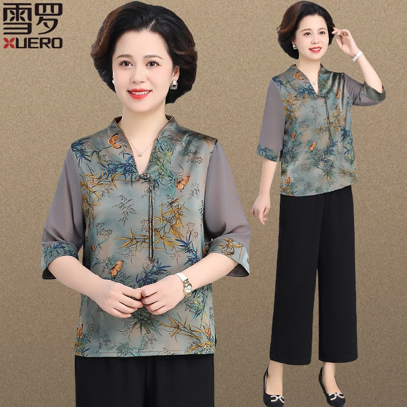 50岁妈妈夏季套装新款中老年夏装上衣女贵夫人古风雪纺小衫七分袖