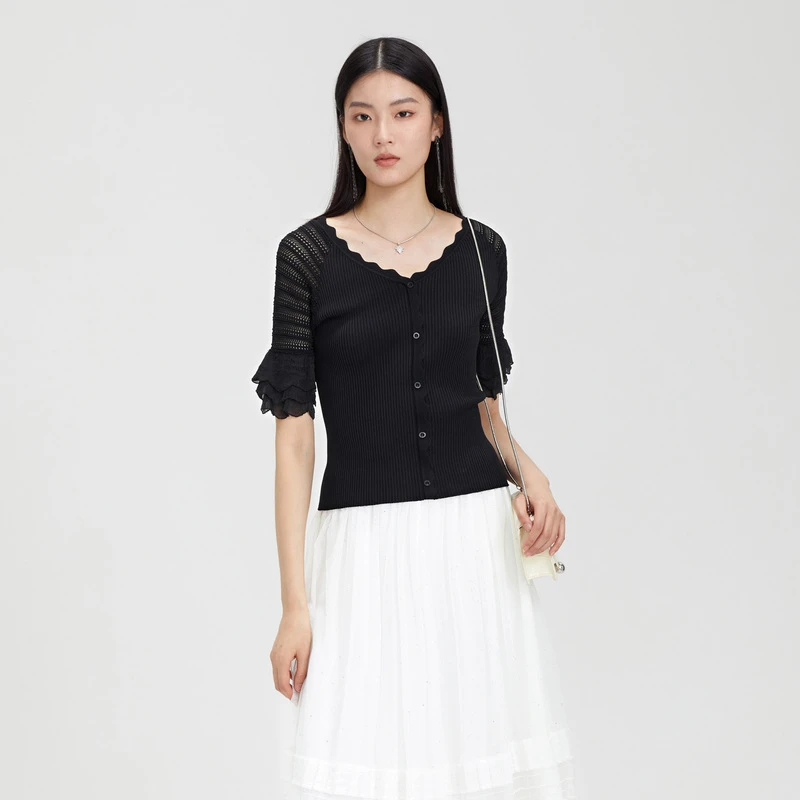 圣迪奥夏季时尚气质休闲百搭V领黑色长袖针织衫S23283504