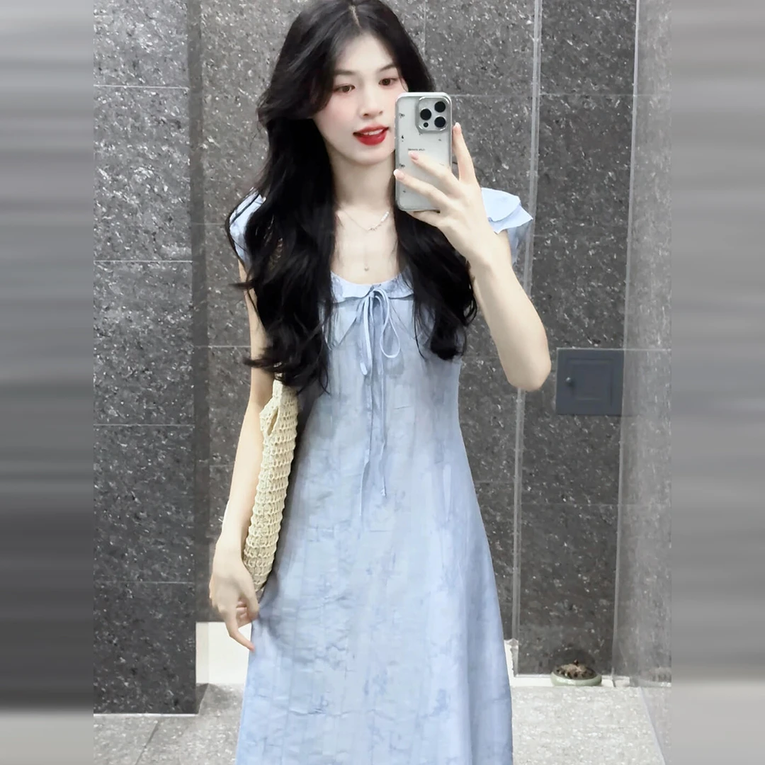 蓝色连衣裙子女夏季2025新款今年流行爆款漂亮轻熟小众不撞款长裙