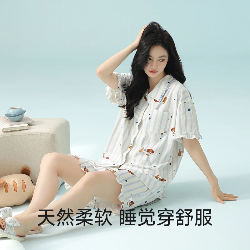 100%纯棉A类抗菌睡衣女生韩版家居服套装透气夏季2025短袖薄款