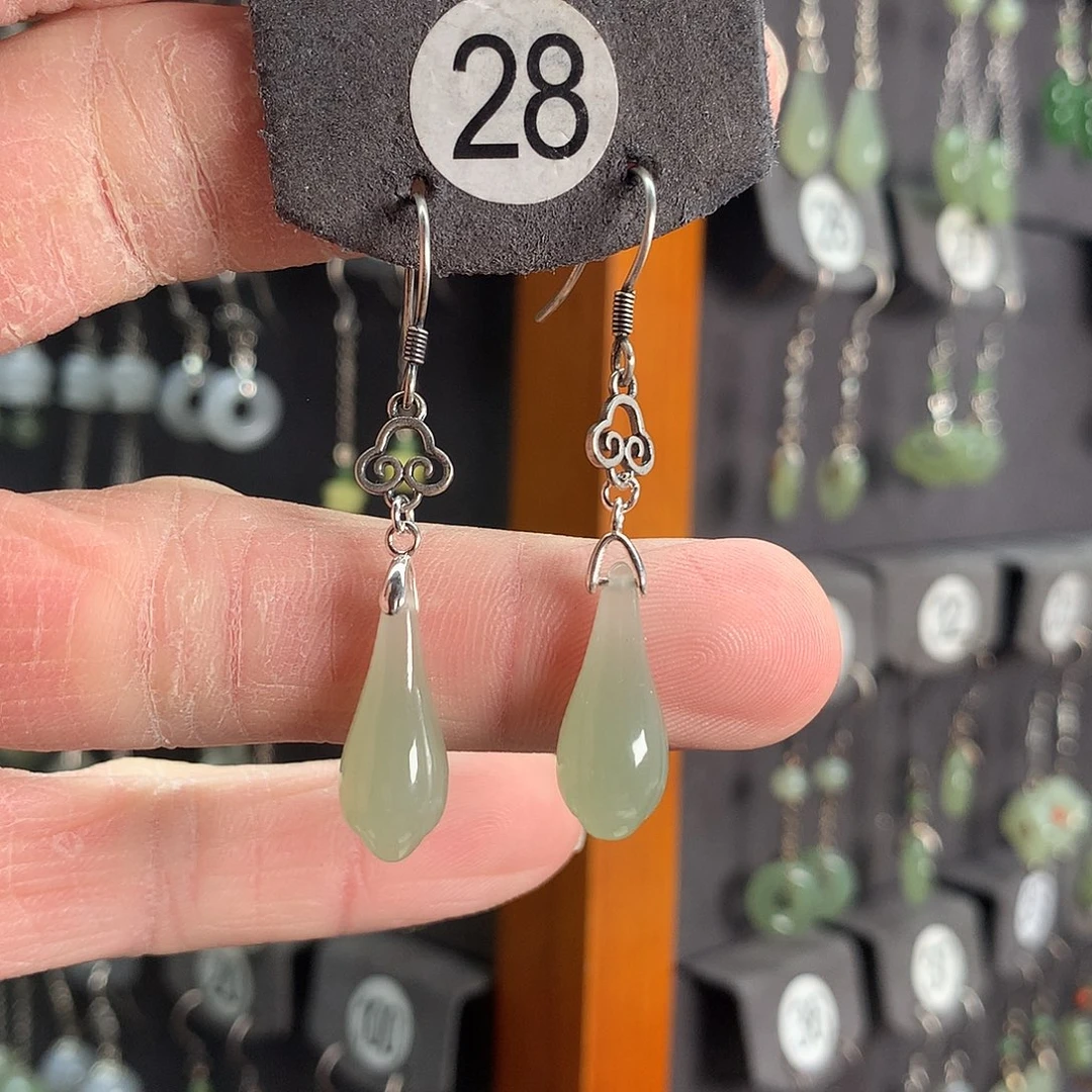 银S925镶嵌和田玉耳饰蓝**瑰28