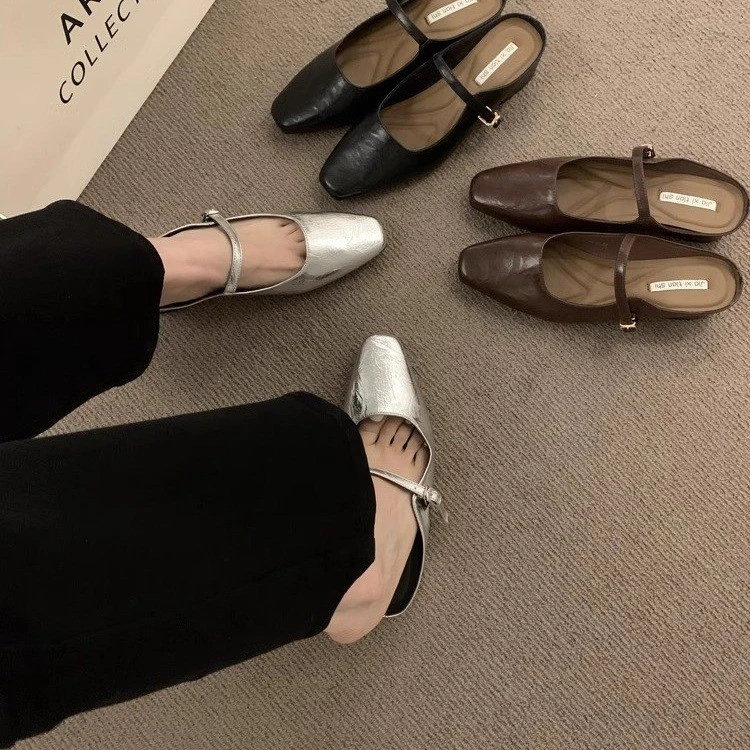 韩系小方头半拖鞋女夏季新款爆款增高包头时尚百搭银色半拖女鞋