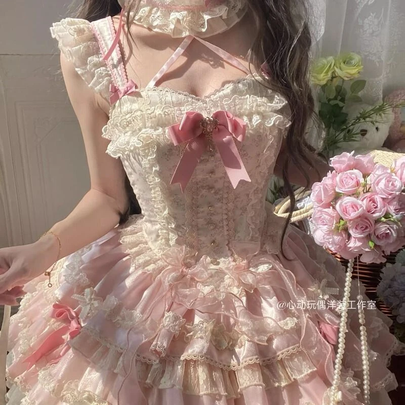 实体店现货花绮梦心动玩偶原创芭蕾风Lolita碎花狗短JSK洛丽塔