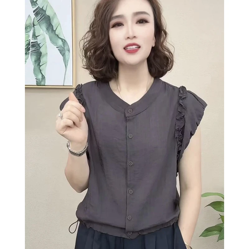 2025年夏季新款时尚洋气宽松显瘦减龄木耳边拼接无袖衬衫上衣女
