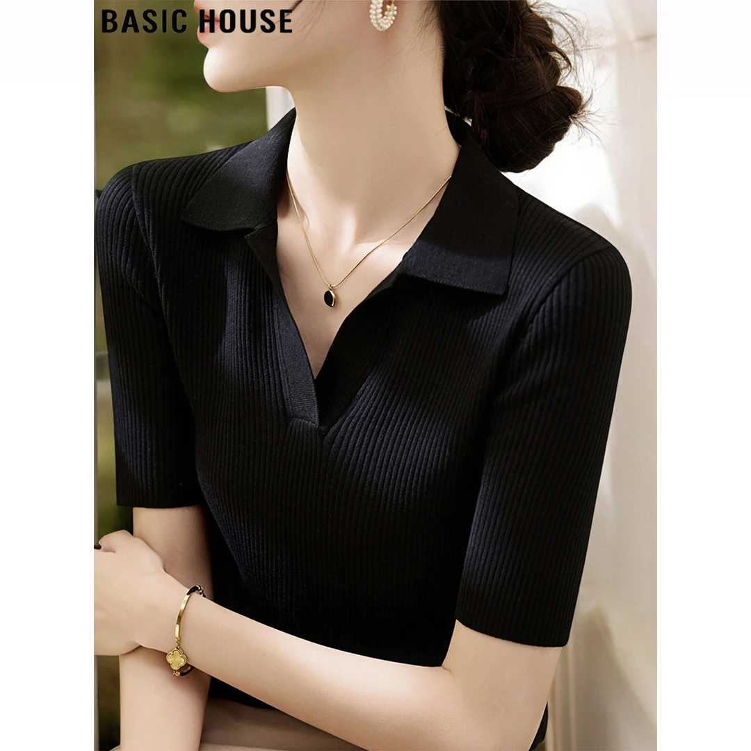 Basic House/百家好冰丝针织POLO衫短袖T恤女早秋黑色V领修身上衣