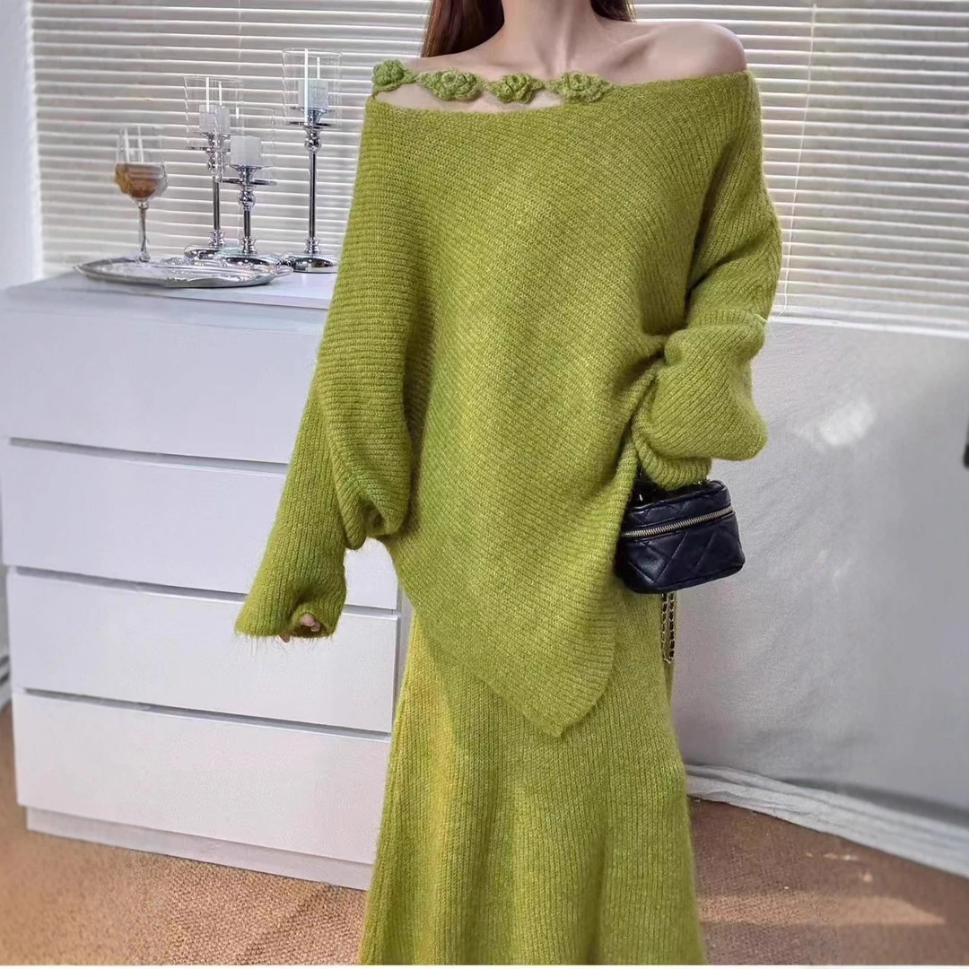 立体花朵毛衣套头针织半身裙两件套2025秋冬新款温柔风毛衣套装女