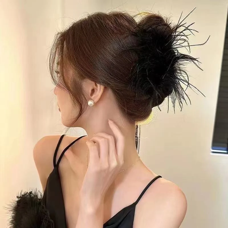 韩版ins风羽毛抓夹高级感发夹女鸵鸟毛发夹抓子