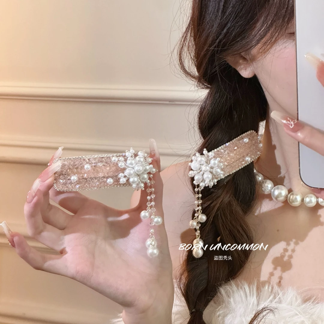 轻奢法式水钻优雅千金珍珠流苏发夹bb夹刘海发饰新中式国风质感