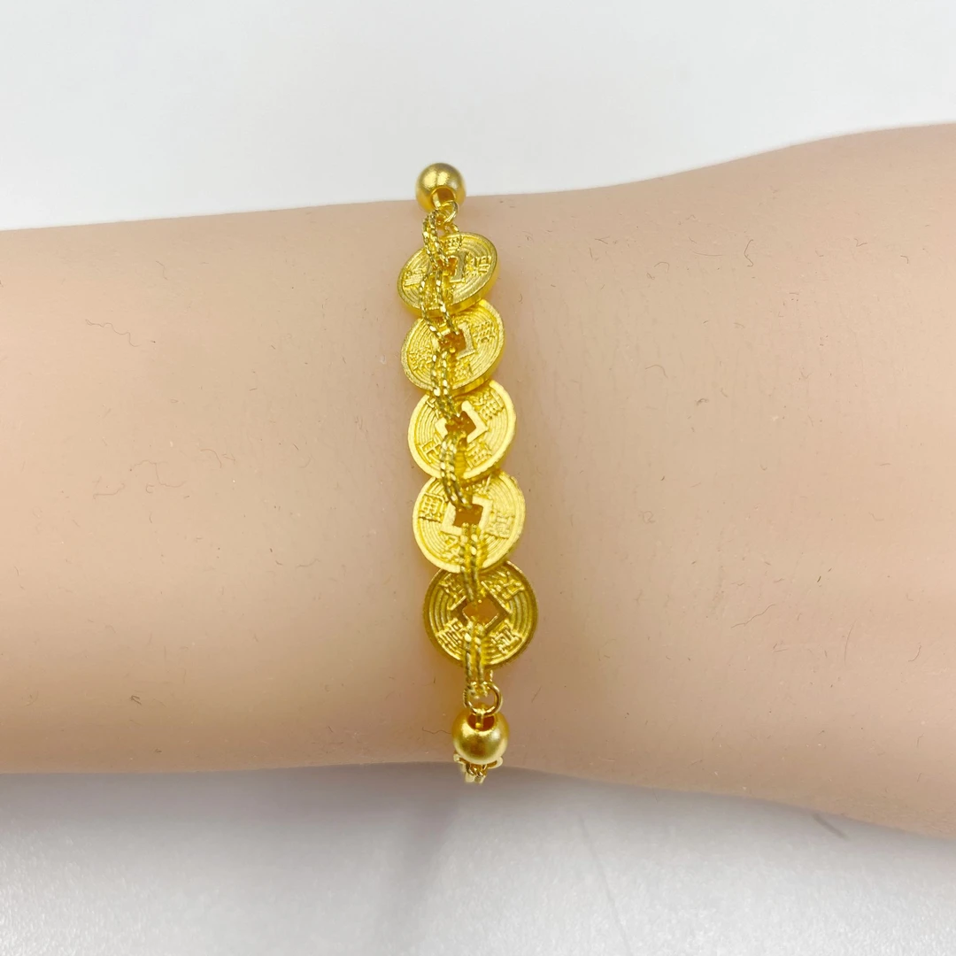 【贞爱福】黄金足金五帝钱币双链手链手串时尚简约轻奢百搭招财