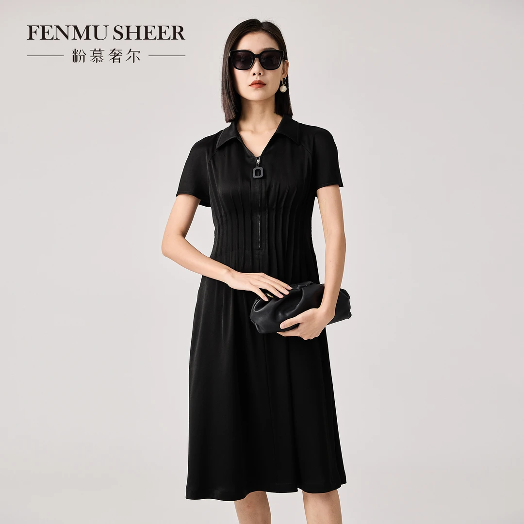 【小余专属】粉慕奢尔『摩造』醋酸Polo领半拉链休闲显瘦连衣裙-D2257