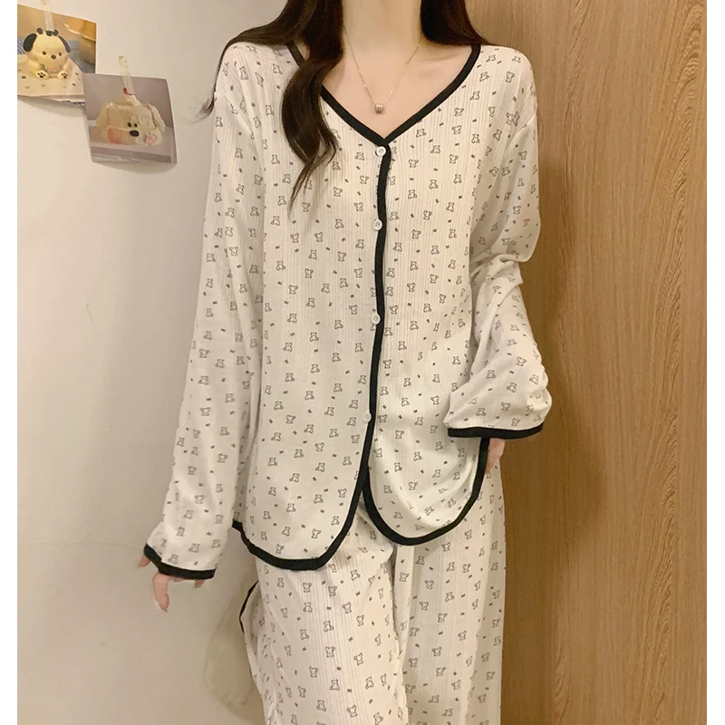 长袖睡衣女款春秋季精梳棉女士甜美性感可爱小熊慵懒风小个子套装