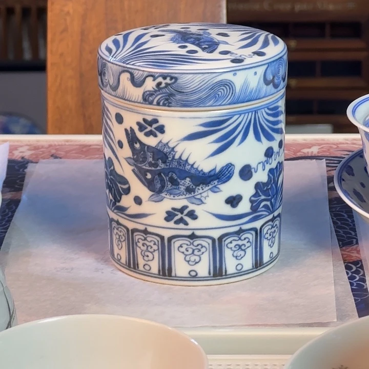 名窑口 微微瑕鱼藻茶叶罐放漏