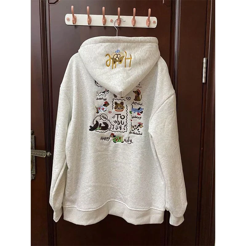 美式复古可爱小狗刺绣高级感连帽卫衣男女秋冬季加绒加厚情侣外套