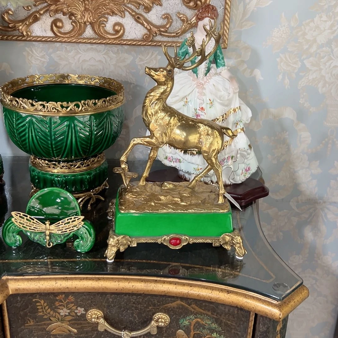 陶瓷0188福利铜配瓷祖母绿铜鹿摆件