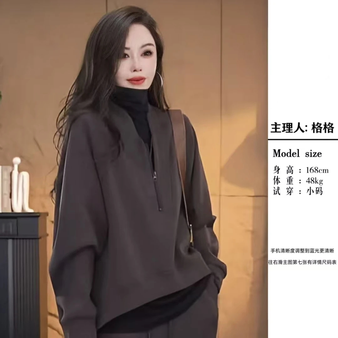 【格小姐】9877-1秋款气质设计感简约休闲V领时尚不规则百搭卫衣女