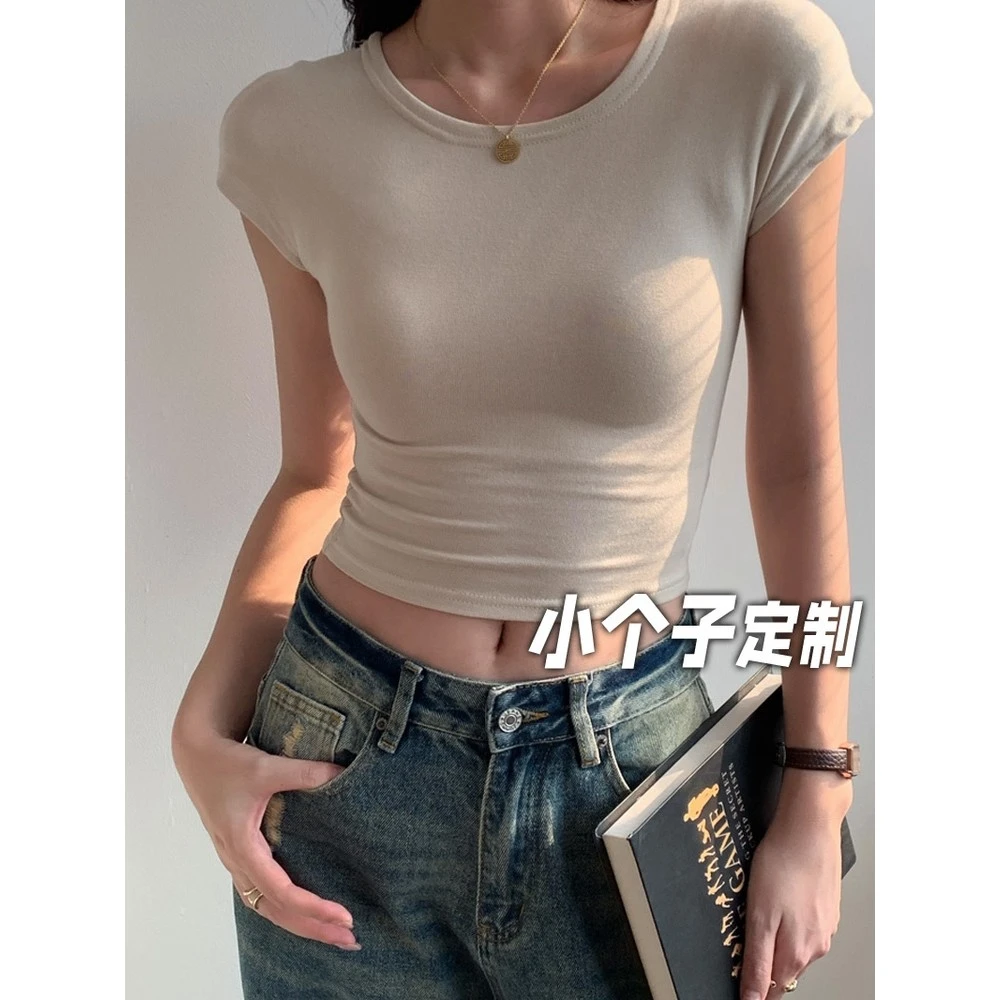 150小矮个子小飞袖露脐短款上衣女夏季包袖收腰紧身辣妹纯欲风t恤