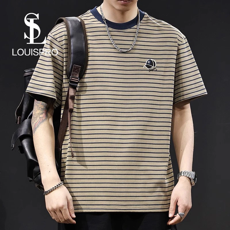 简约百搭条纹短袖t恤男士夏2025新款大码衣服潮男款体恤