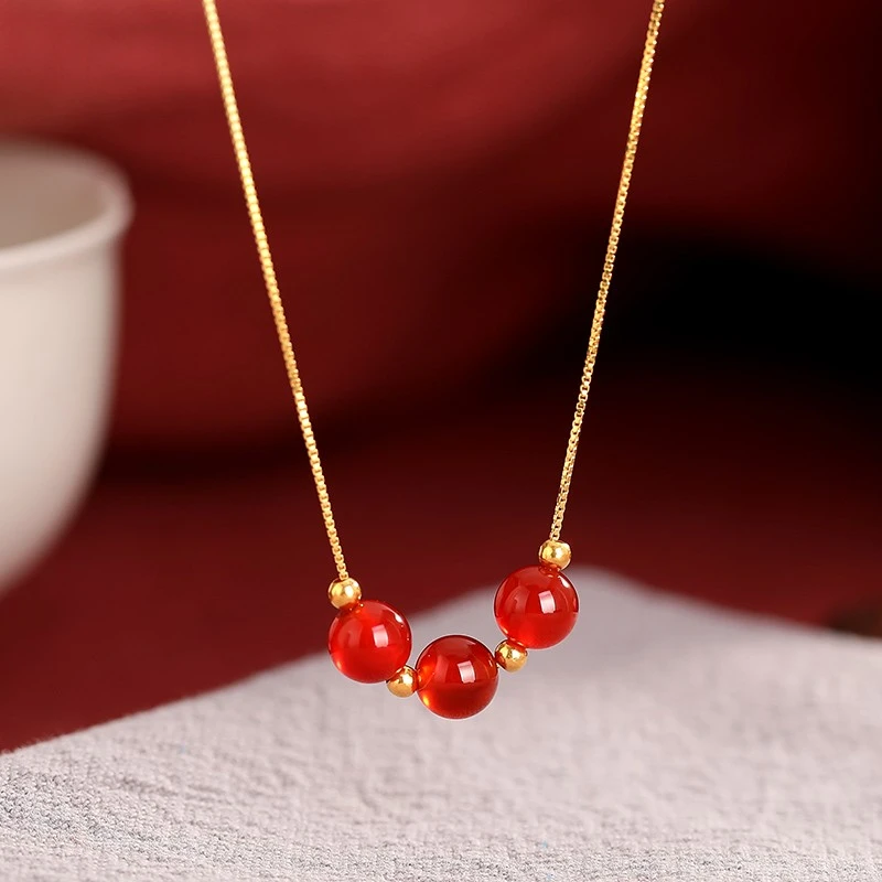 天然红玛瑙项链显白轻奢转运珠红宝石锁骨链古风喜庆送女友礼物