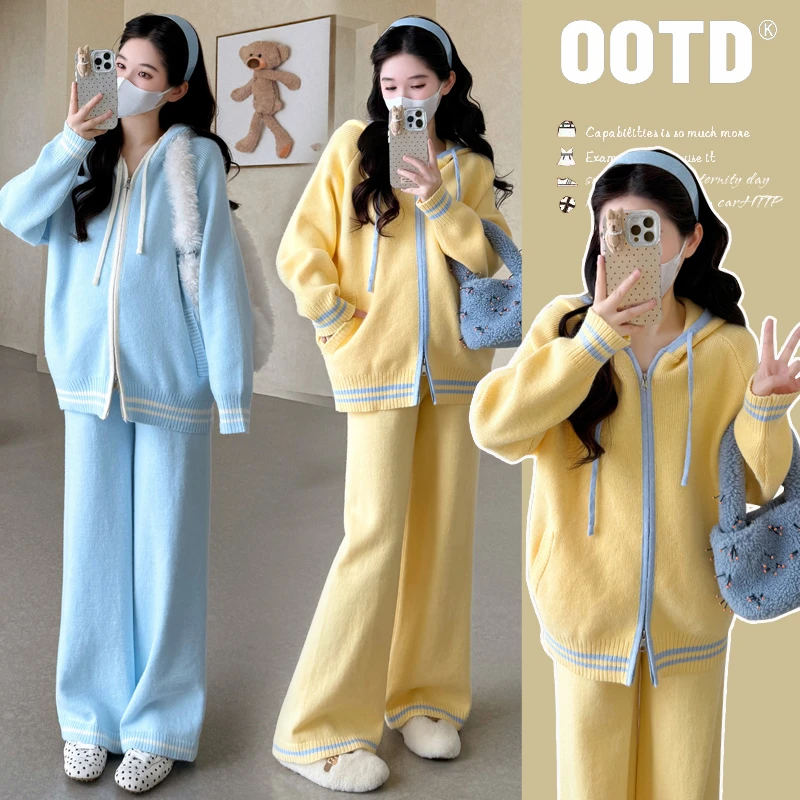 R1103#12.26孕妇秋冬新品软糯连帽时尚毛衣休闲阔腿裤毛衣宽松套