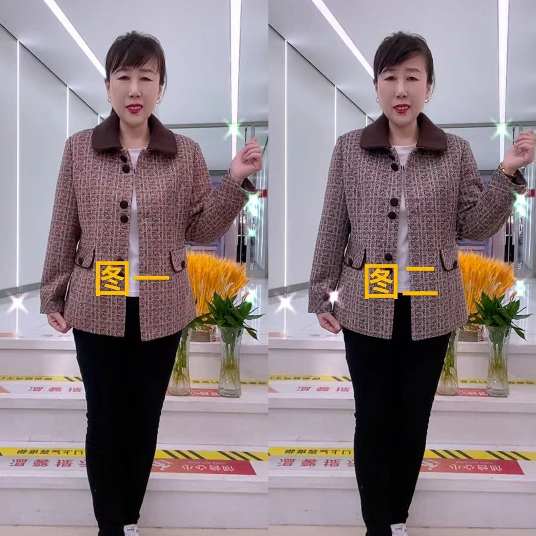 中老年女性春秋款翻领长袖包扣宽松休闲外套