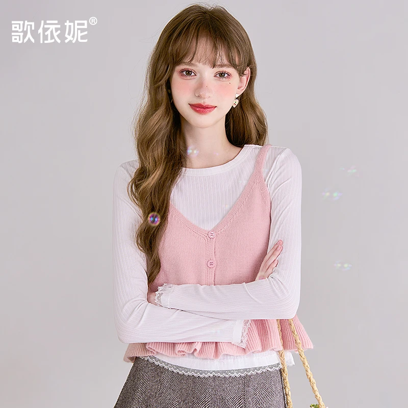 粉色叠穿V领小马甲女2025秋冬季小个子外搭坎肩针织毛衣背心马夹