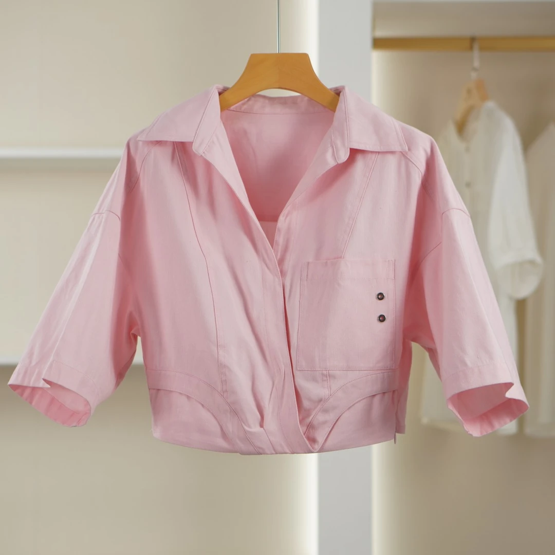 麦迪尚品【H】50412109 春夏绵羊毛简约时尚通勤气质短款长衬衫