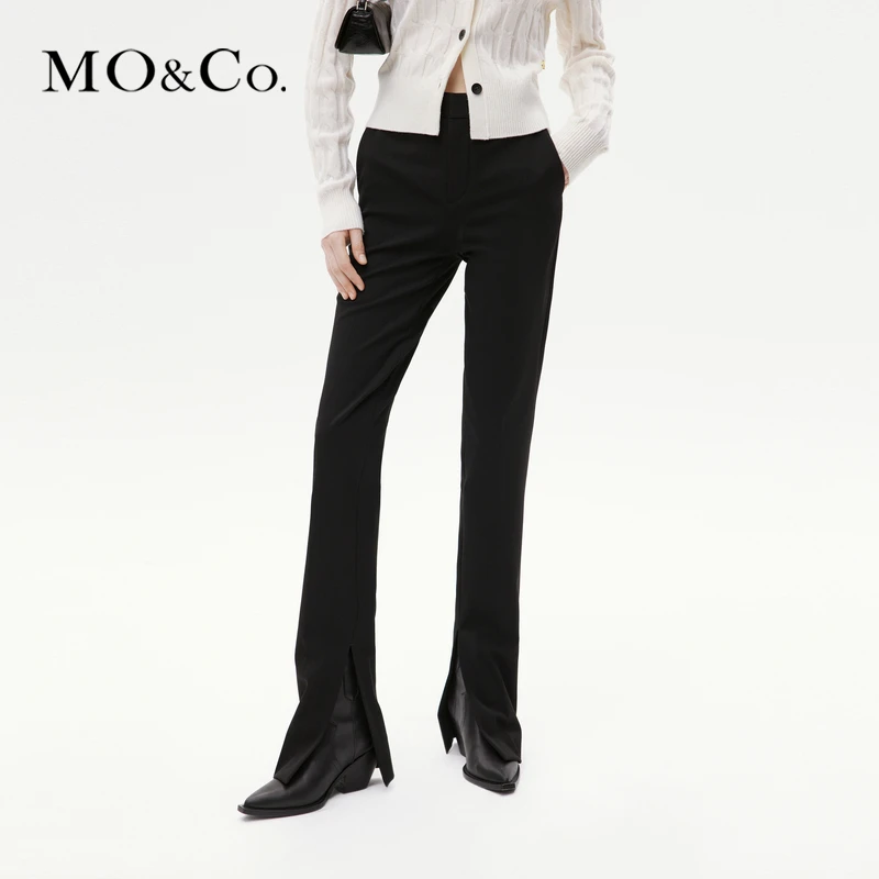 MOCO冬精纺高腰开叉直筒及地黑色长裤休闲裤MBC4PAT006
