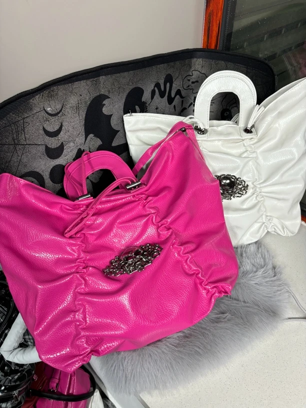 褶皱可抽绳大包两色带长肩带手提斜挎包