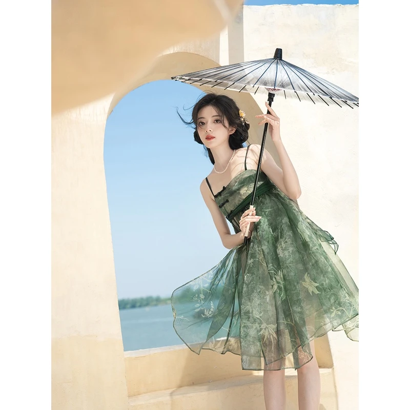 十三余小豆蔻儿[翠微]夏季国风印花绿色薄纱不规则齐胸连衣裙