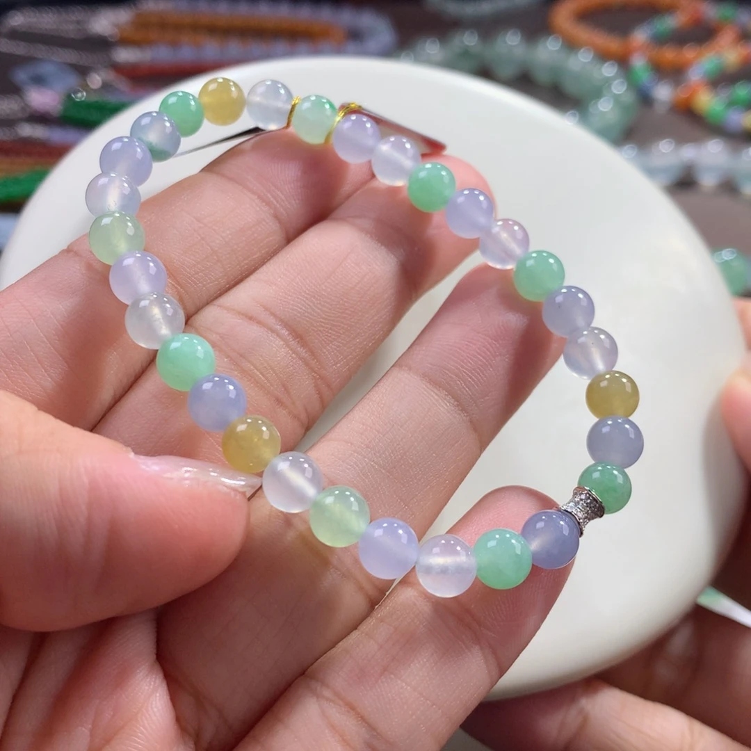 翡翠未镶嵌手链冰种甜美马卡龙多宝手串 卡6