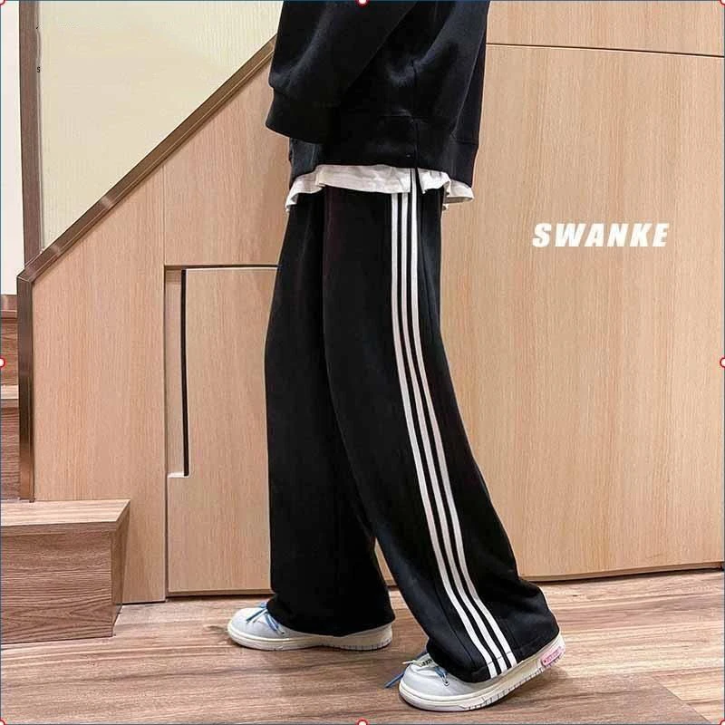 街头三杠美式条纹休闲直筒长裤男士秋冬百搭新款