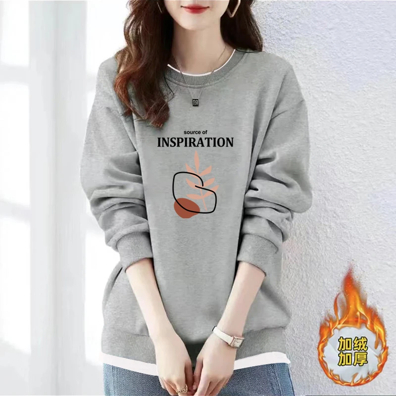 潮牌外贸~剪标清仓~秋冬季新款大码宽松加绒加厚假两件圆领卫衣女