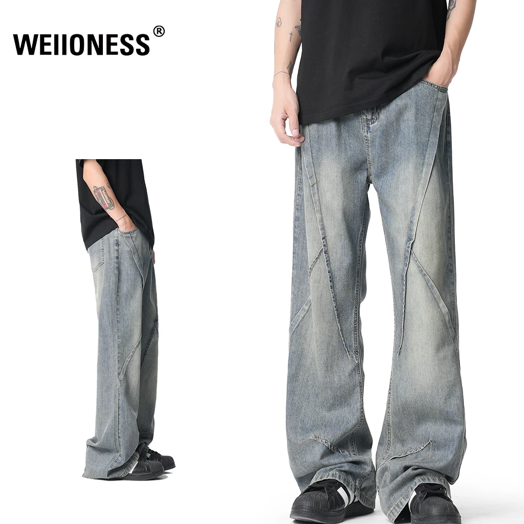 WEIIONESS牛仔裤男夏季美式解构设计感直筒长裤轻奢痞帅男装裤子
