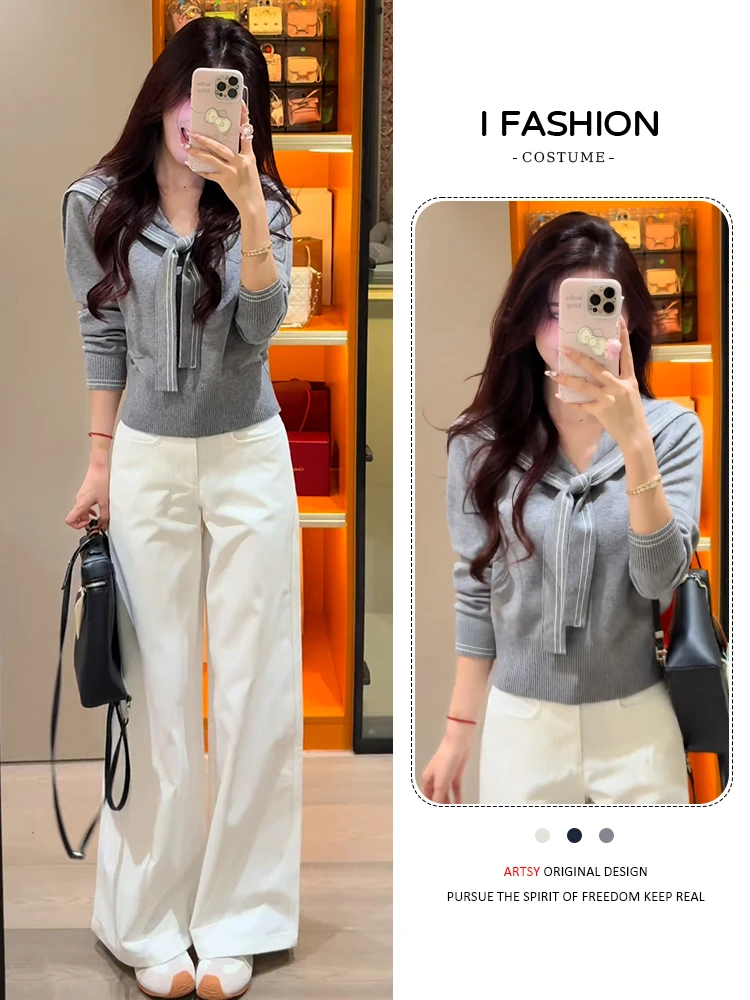 设计感绑带上衣女装2025秋季新款韩系减龄气质长袖针织衫裤子套装