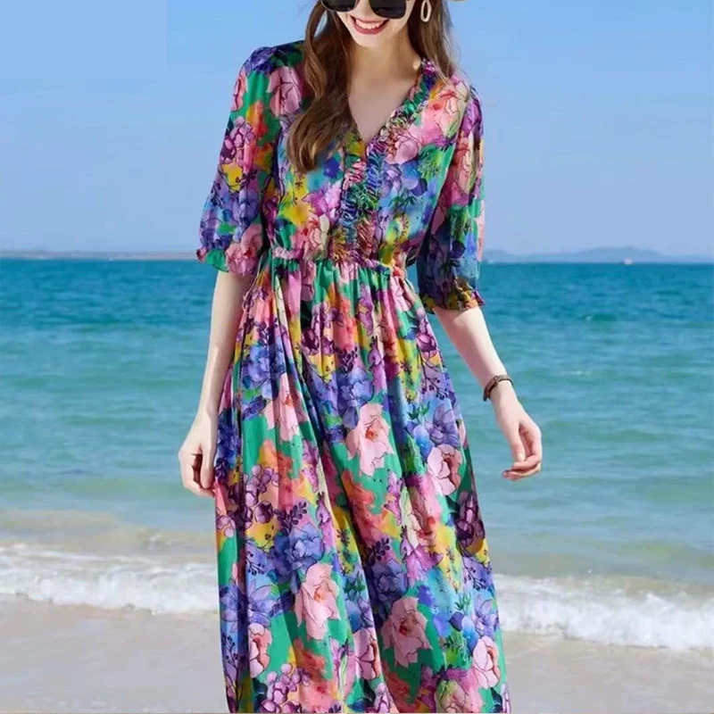 编号501-610号2025年夏季丝连衣裙碎花长裙显瘦气质时尚宽松收腰