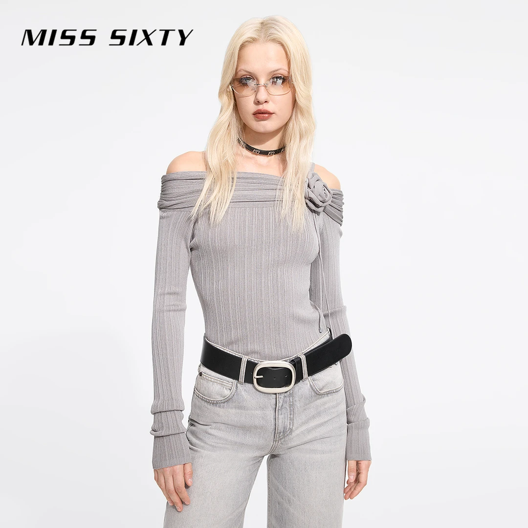 【商场同款新品】Miss Sixty2025春季新款针织衫女一字领露肩上衣