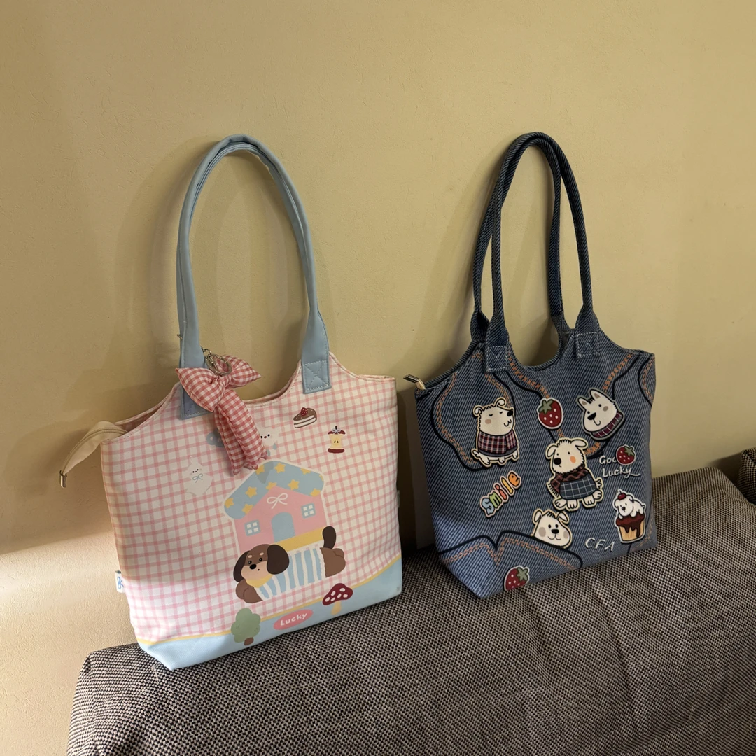 科技布插画立体小狗通勤印花单肩包包